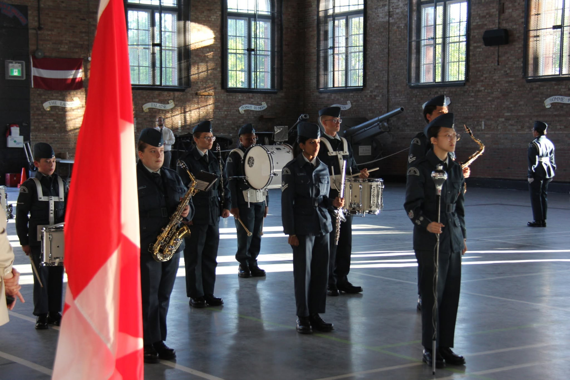 23 Squadron cadet band in ceremonial dress with drums, saxophone and clarinet