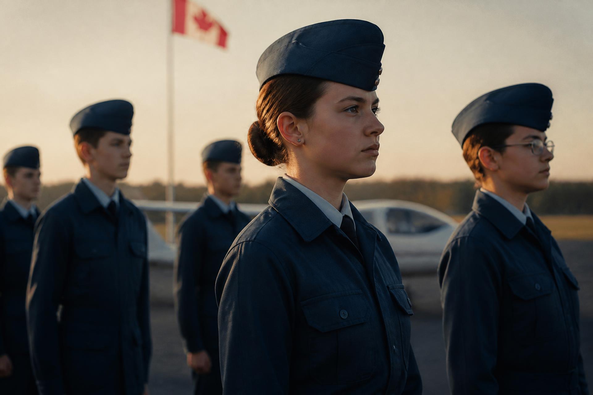 Air cadets standing at attention on an airfield at sunset